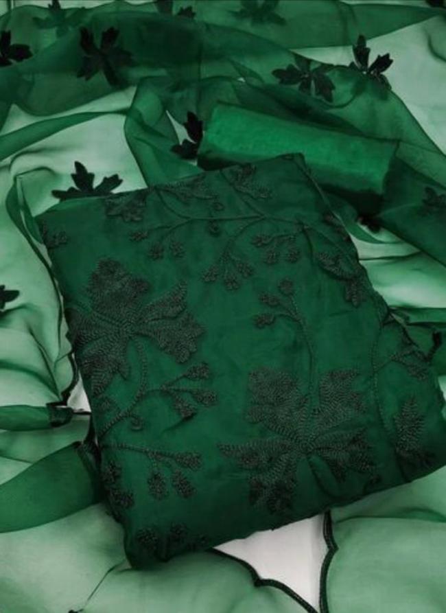 Organza Silk Dark Green Traditional Wear Multi Chain Stitch Work Dress Material